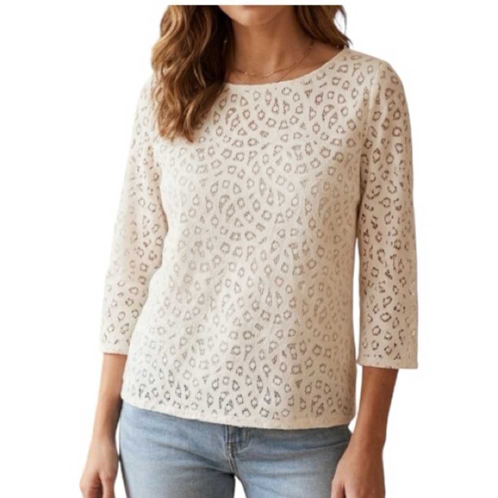 LOFT Ann Taylor White Lace Geometric Eyelet 3/4 Sleeve Blouse - Top Medium
